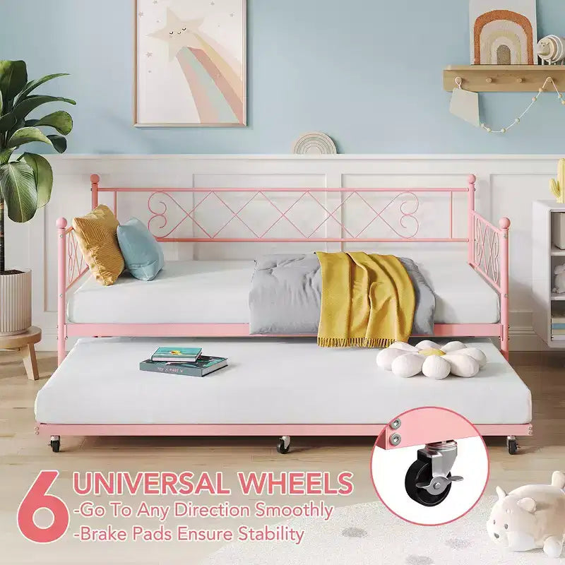 Whizmax Twin Metal Daybed with Trundle, Space Saving Trundle Sofa Bed for Living Room, Bedroom and Guest Room