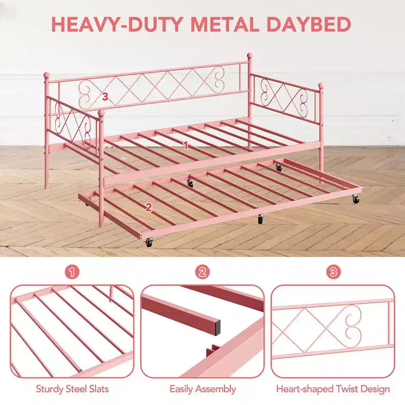 Whizmax Twin Metal Daybed with Trundle, Space Saving Trundle Sofa Bed for Living Room, Bedroom and Guest Room