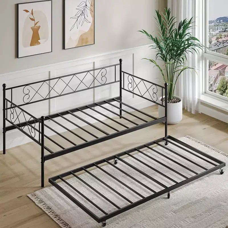 Whizmax Twin Metal Daybed with Trundle, Space Saving Trundle Sofa Bed for Living Room, Bedroom and Guest Room