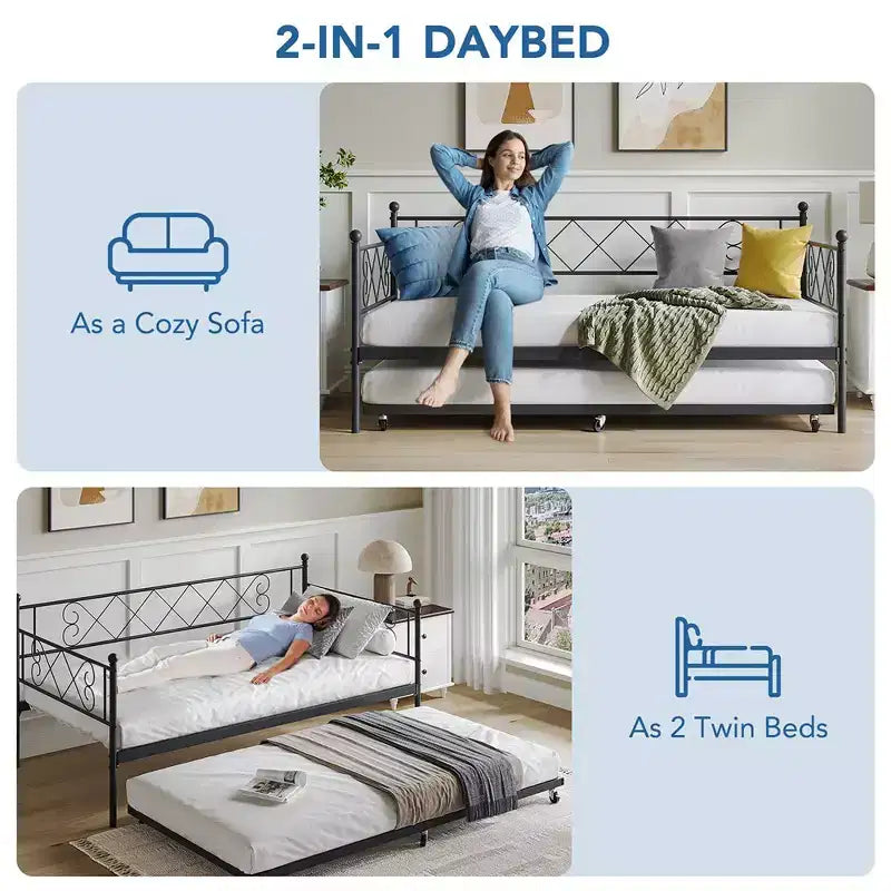 Whizmax Twin Metal Daybed with Trundle, Space Saving Trundle Sofa Bed for Living Room, Bedroom and Guest Room