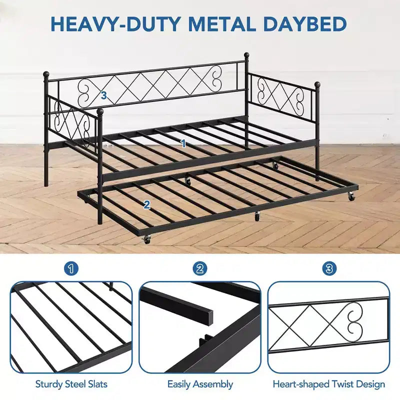 Whizmax Twin Metal Daybed with Trundle, Space Saving Trundle Sofa Bed for Living Room, Bedroom and Guest Room