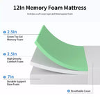 FDW 12 Inch Green Tea Memory Foam Mattress Cooling Gel Infused Mattress,Fiberglass Free/CertiPUR-US Certified/Bed-in-a-Box,White