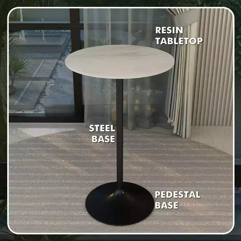 Table à manger ronde hauteur bar Leisuremod Verve 27 - Plateau en résine moderne avec base piédestal en acier noir Table hauteur comptoir pour cuisine, maison et pub