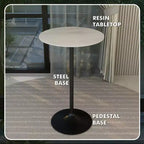 Table à manger ronde hauteur bar Leisuremod Verve 27 - Plateau en résine moderne avec base piédestal en acier noir Table hauteur comptoir pour cuisine, maison et pub