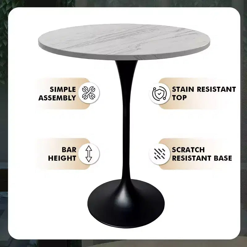 Table à manger ronde hauteur bar Leisuremod Verve 27 - Plateau en résine moderne avec base piédestal en acier noir Table hauteur comptoir pour cuisine, maison et pub