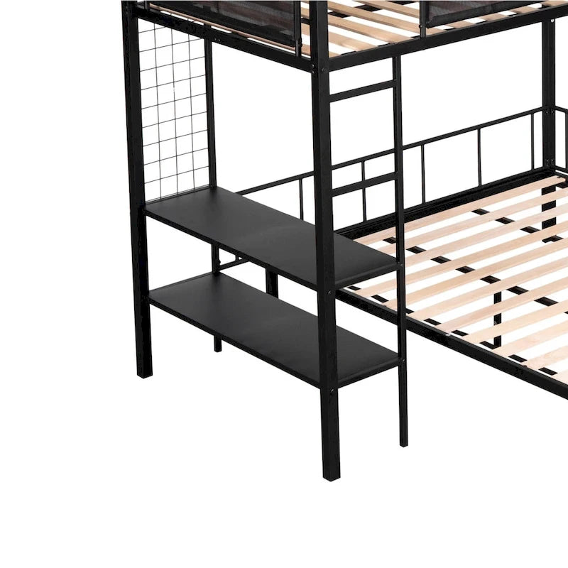 Twin over Full Bunk Bed with Shelves, Grid Panel and Separated Bottom Bed