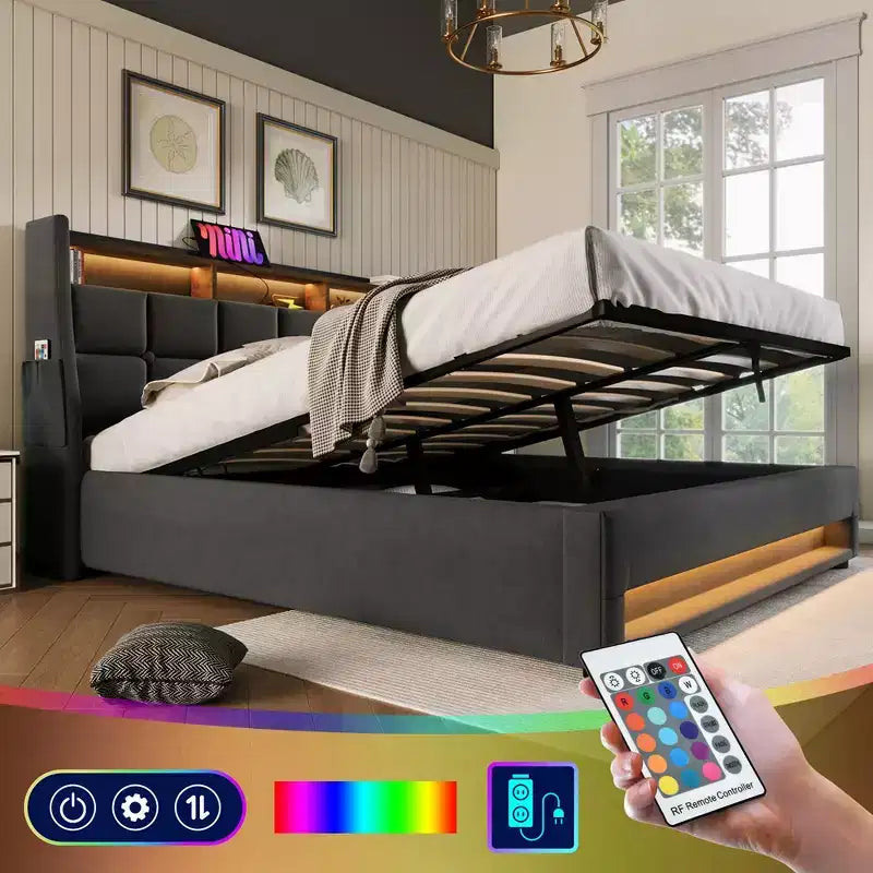 Cadre de lit Queen Size avec rangement hydraulique, tête de lit rembourrée, lumière LED RVB et chargement USB