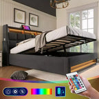 Cadre de lit Queen Size avec rangement hydraulique, tête de lit rembourrée, lumière LED RVB et chargement USB