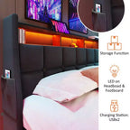 Cadre de lit Queen Size avec rangement hydraulique, tête de lit rembourrée, lumière LED RVB et chargement USB