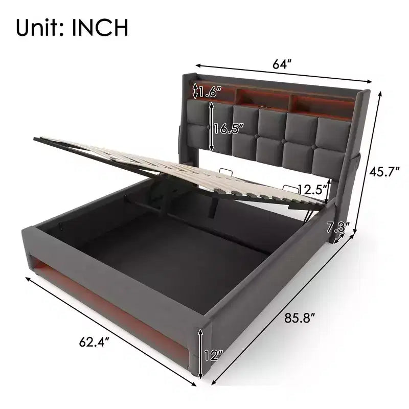 Cadre de lit Queen Size avec rangement hydraulique, tête de lit rembourrée, lumière LED RVB et chargement USB