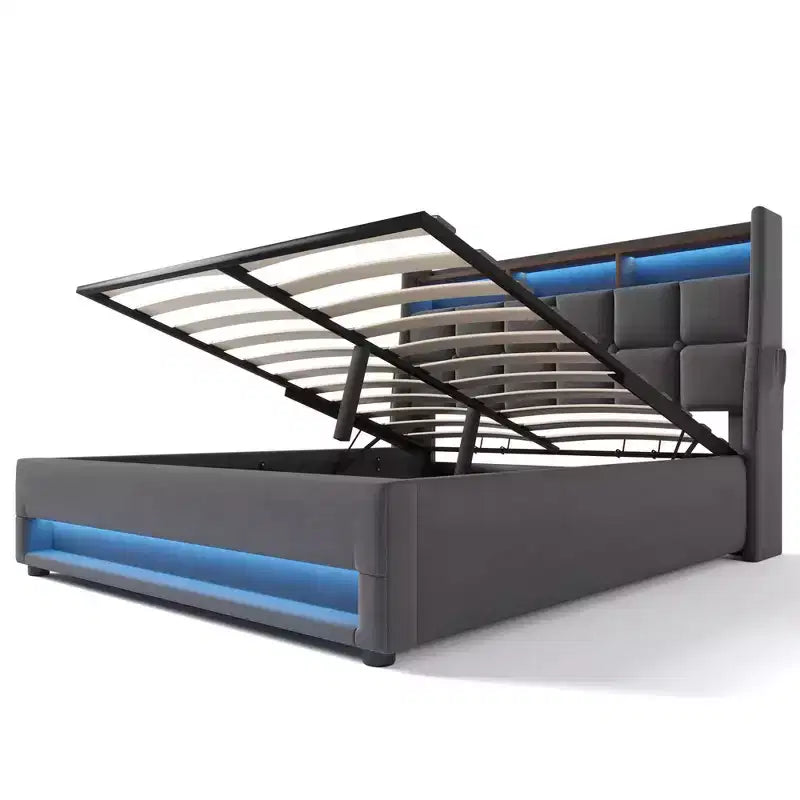 Cadre de lit Queen Size avec rangement hydraulique, tête de lit rembourrée, lumière LED RVB et chargement USB