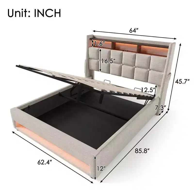 Cadre de lit Queen Size avec rangement hydraulique, tête de lit rembourrée, lumière LED RVB et chargement USB