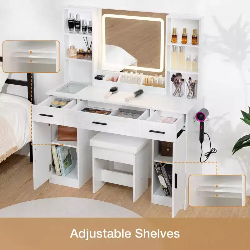 Hommpa Makeup Desk Vanity with Charging Station and Storage Shelves White Two Cabinet
