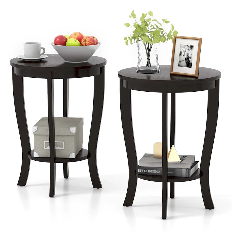 2-Tier Round Side Table Set of 2, 18" Compact End Table with Rubber Wood Legs