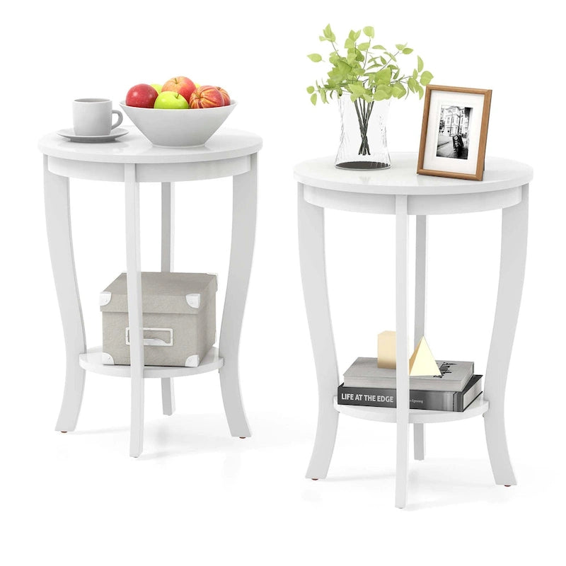 2-Tier Round Side Table Set of 2, 18" Compact End Table with Rubber Wood Legs