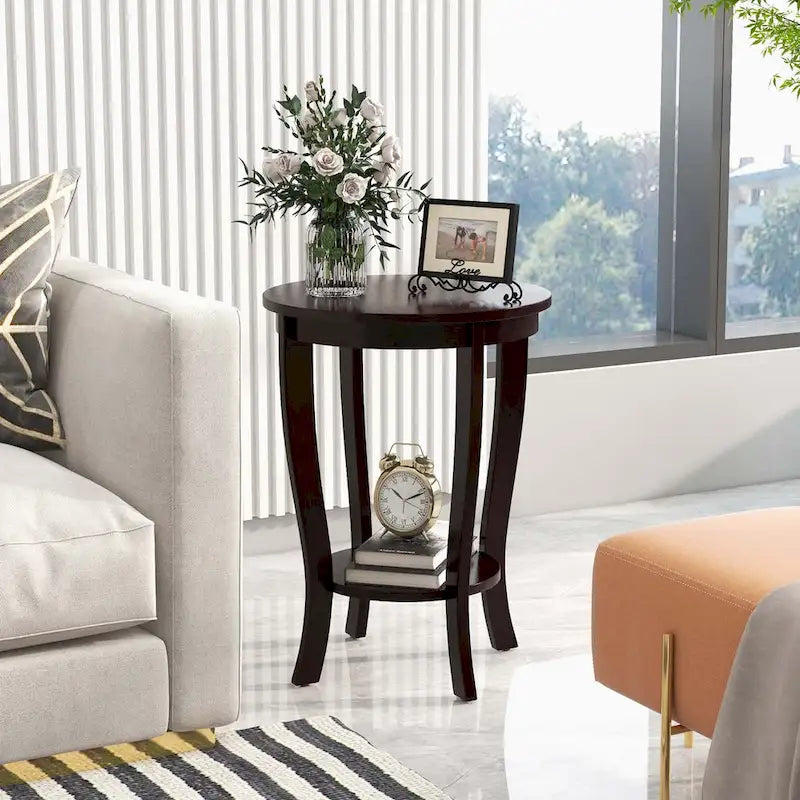 2-Tier Round Side Table Set of 2, 18" Compact End Table with Rubber Wood Legs