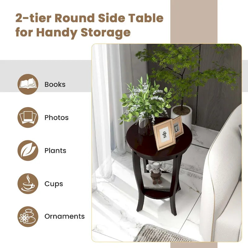 Lot de 2 tables d'appoint rondes à 2 niveaux, 45 cm, avec pieds en bois d'hévéa