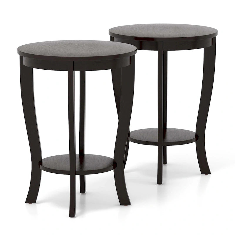 Lot de 2 tables d'appoint rondes à 2 niveaux, 45 cm, avec pieds en bois d'hévéa