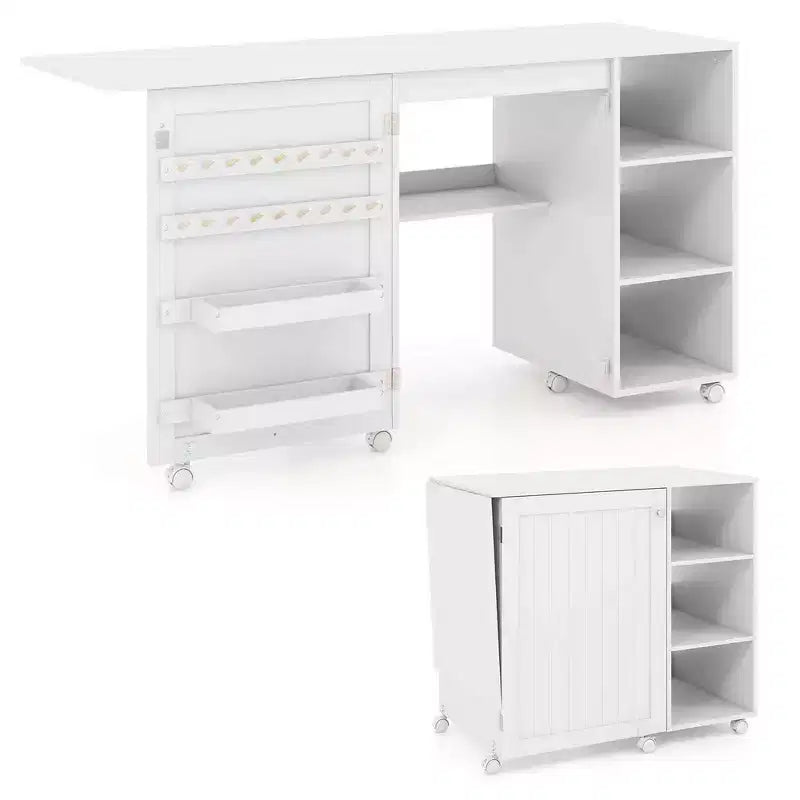 Table de couture pliante Costway avec étagères de rangement, 2 bacs de rangement et 18 chevilles, roulettes verrouillables