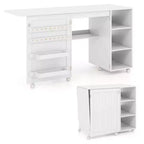Table de couture pliante Costway avec étagères de rangement, 2 bacs de rangement et 18 chevilles, roulettes verrouillables