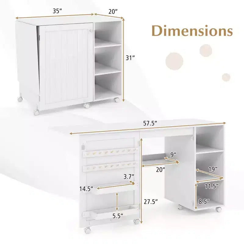 Table de couture pliante Costway avec étagères de rangement, 2 bacs de rangement et 18 chevilles, roulettes verrouillables
