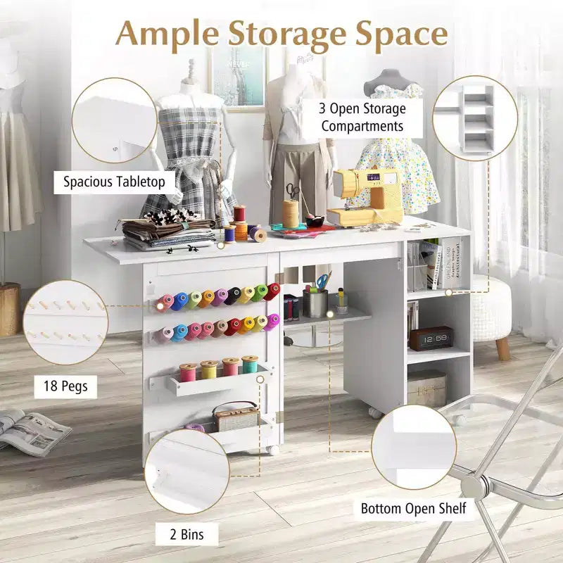 Table de couture pliante Costway avec étagères de rangement, 2 bacs de rangement et 18 chevilles, roulettes verrouillables