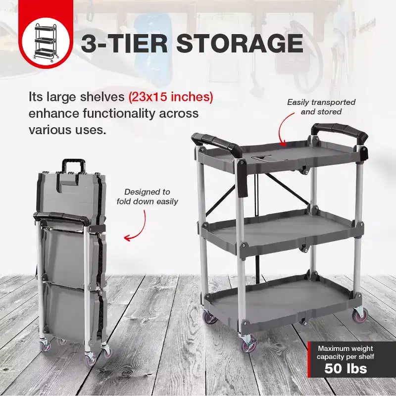 Chariot de service Elevon, utilitaire portable, avec étagères pliantes à 3 niveaux, gris