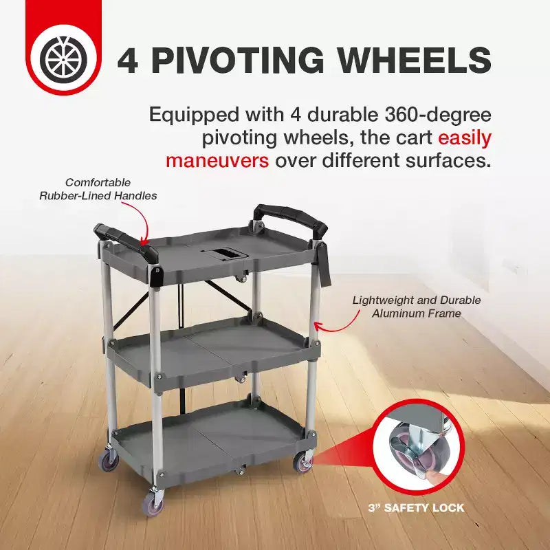 Chariot de service Elevon, utilitaire portable, avec étagères pliantes à 3 niveaux, gris