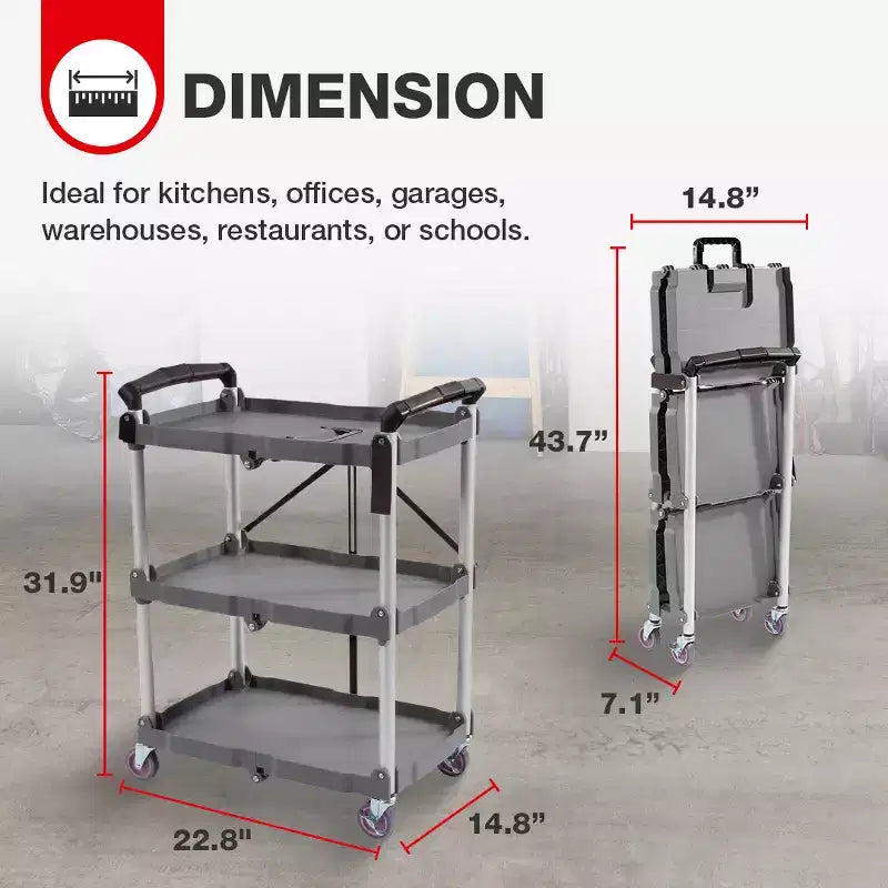 Chariot de service Elevon, utilitaire portable, avec étagères pliantes à 3 niveaux, gris
