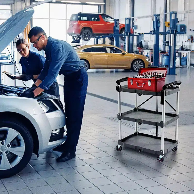 Chariot de service Elevon, utilitaire portable, avec étagères pliantes à 3 niveaux, gris