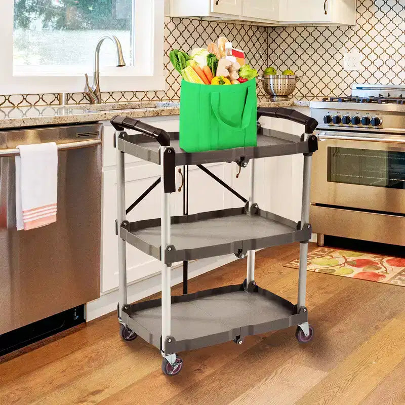 Chariot de service Elevon, utilitaire portable, avec étagères pliantes à 3 niveaux, gris