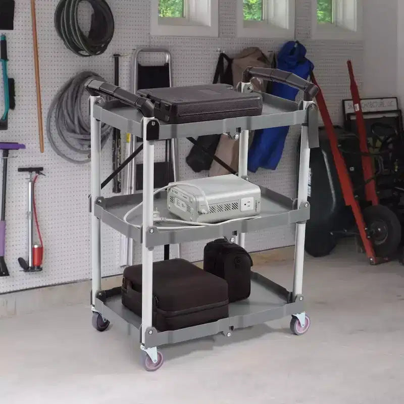 Chariot de service Elevon, utilitaire portable, avec étagères pliantes à 3 niveaux, gris