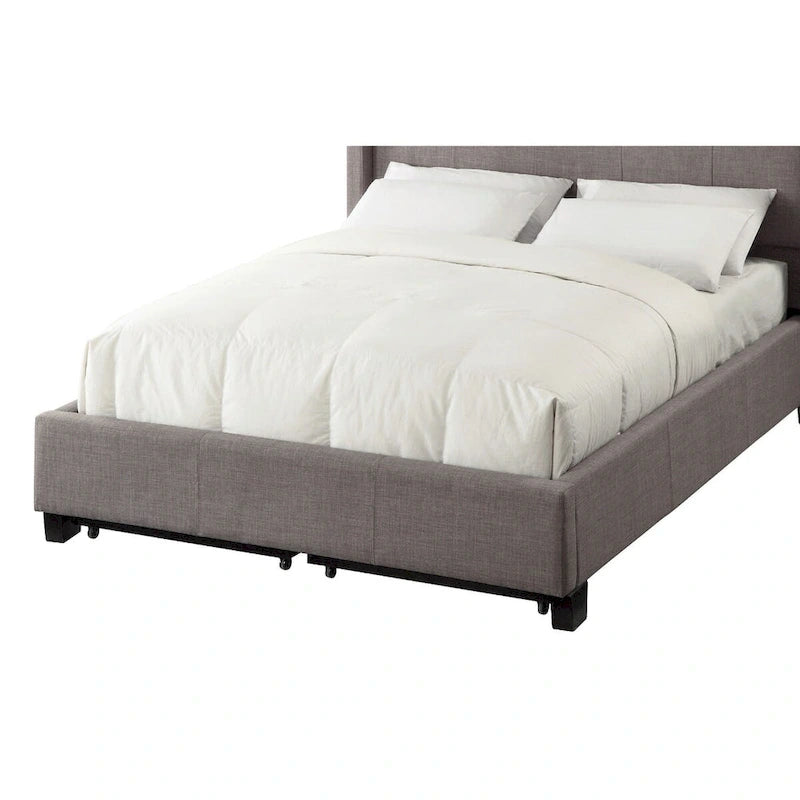 Low Profile King Bed with Storage, Tufted Linen Upholstery, Gray