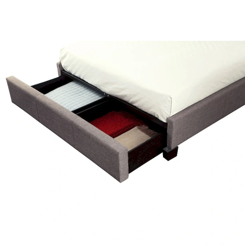 Low Profile King Bed with Storage, Tufted Linen Upholstery, Gray