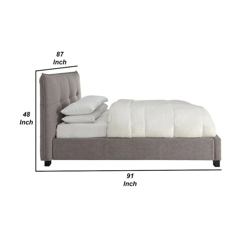 Low Profile King Bed with Storage, Tufted Linen Upholstery, Gray