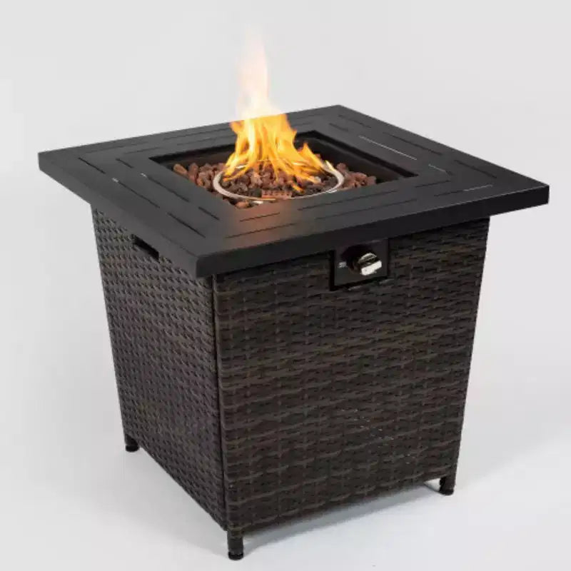 Table brasero en rotin, table brasero carrée en osier, foyer extérieur en rotin tressé à flamme réglable pour jardin, terrasse