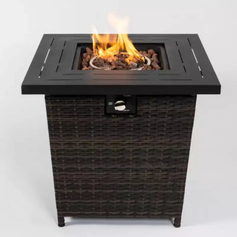 Table brasero en rotin, table brasero carrée en osier, foyer extérieur en rotin tressé à flamme réglable pour jardin, terrasse