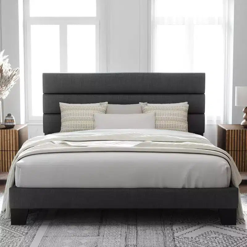 Allewie Platform Bed Frame with Fabric Upholstered Headboard and Wooden Slats Support, Fully Upholstered Mattress Foundation/No Box Spring Needed