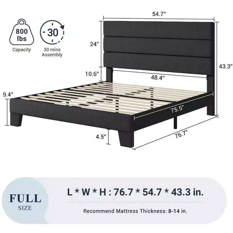Cadre de lit plateforme Allewie avec tête de lit capitonnée en tissu et support de lattes en bois, base de matelas entièrement capitonnée/aucun sommier tapissier requis