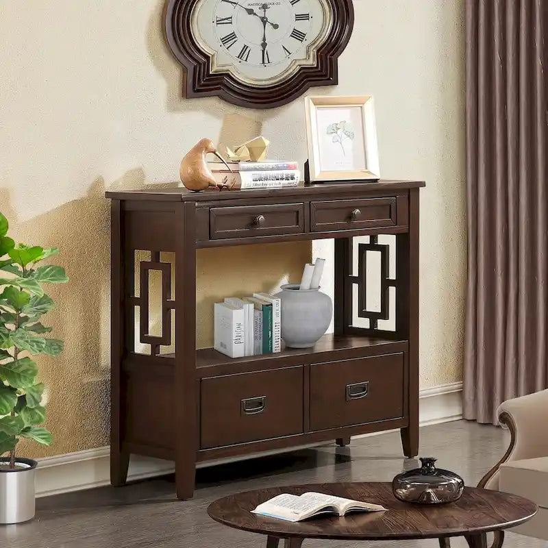 Console Table with 4 Drawers and Storage Shelf