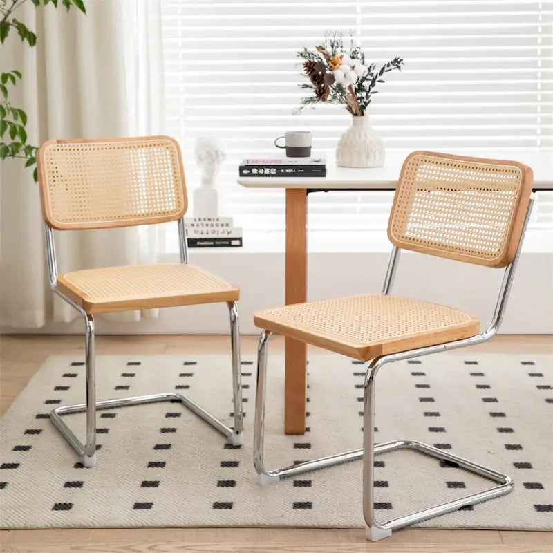 Cantilever Dining Chairs with Rattan Back and Chrome Frame, Set of 2