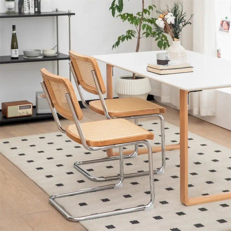 Cantilever Dining Chairs with Rattan Back and Chrome Frame, Set of 2