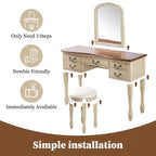 Vintage Vanity Set, Vintage Makeup Vanity Desk, 46 Inch Dressing Table with Curved Flower Mirror, 5 Drawers Storage