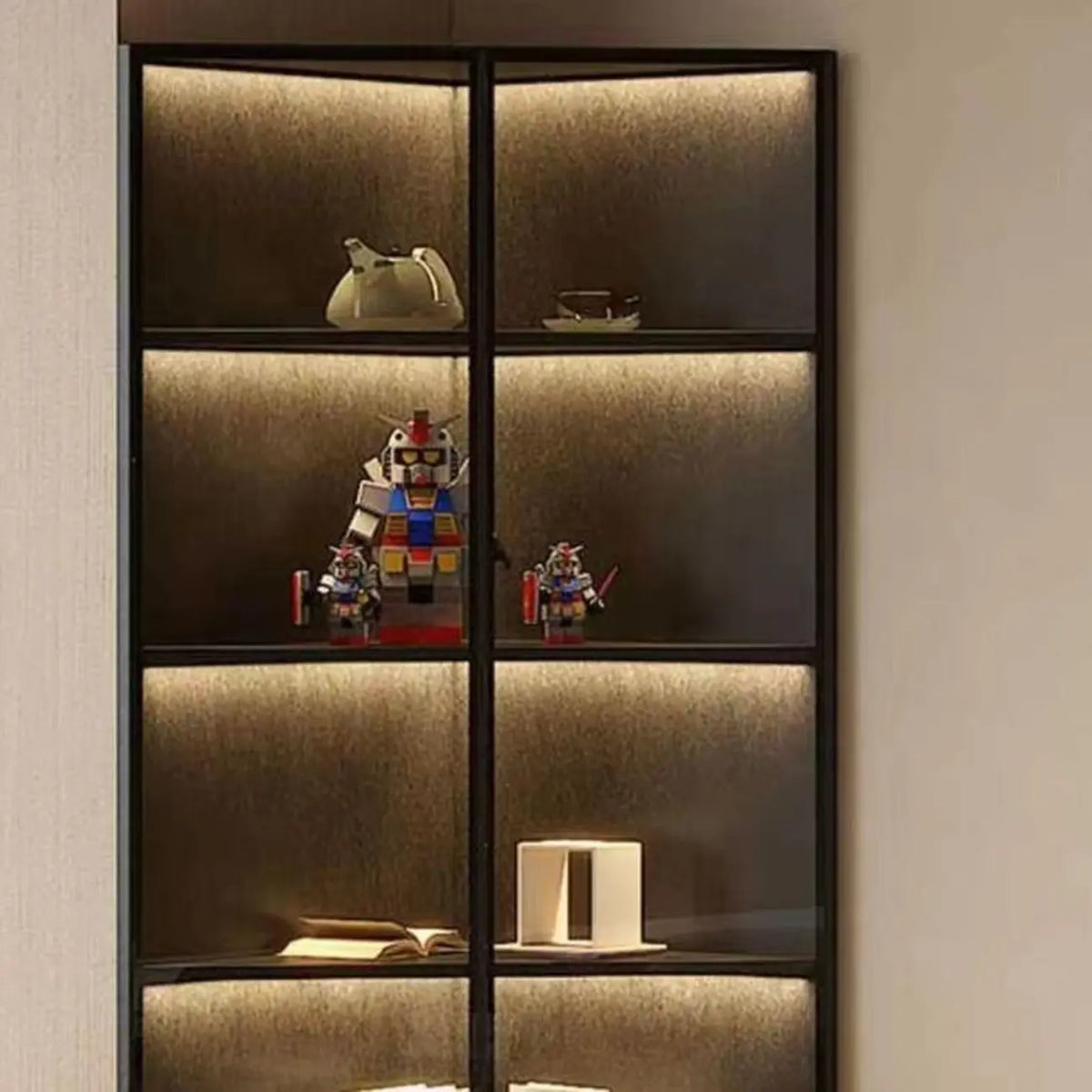 Modern Grey Metal Wood Corner Display Cabinet with Glass Door