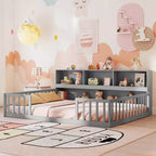 Twin/Full Size Montessori Floor Bed with Bookcase Storage Shelves & Safety Fence Rails White/Gray