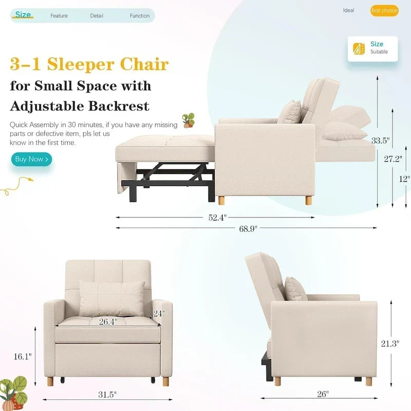 AECOJOY 3 in 1 Sleeper Sofa Chair w/ Pillow &Convertible Backrest