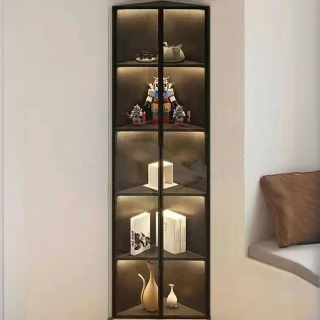 Modern Grey Metal Wood Corner Display Cabinet with Glass Door