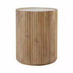 Decorative Ribbed Wooden Side Table with Marble Top and Storage - Small Home Decor Table Stand for Bedroom or Living Room Decor