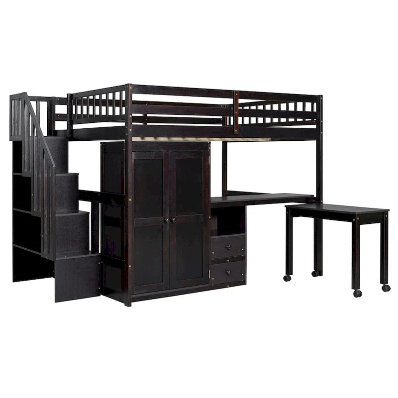 Full Size Loft Bed with Stairs, Bookshelf, Desk & Wardrobe - Space-Saving Multifunctional Furniture for Kids & Teens-White