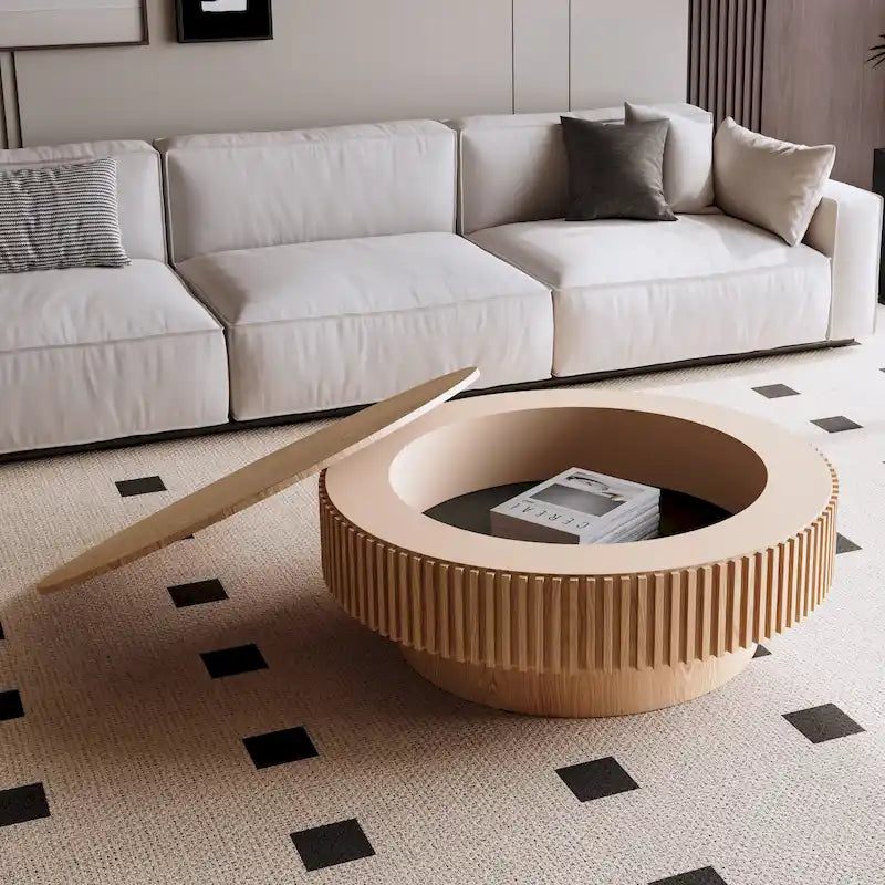 Modern Solid Wood Veneered Round Coffee Tea Table with Storage